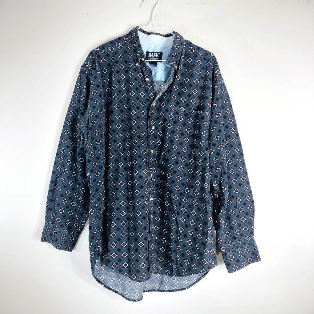 Basic Options Vintage Corduroy Button Down; Geometric Print, Long Sleeve
